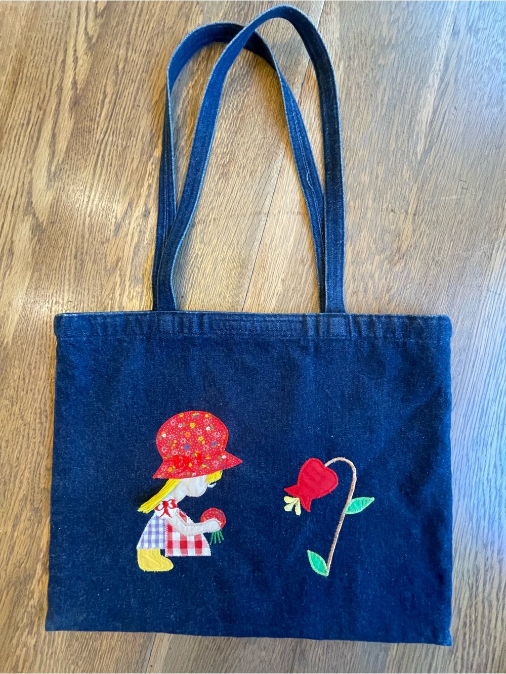 vtg 70s denim tote bag cottagecore appliqué girl strawberries sun hat